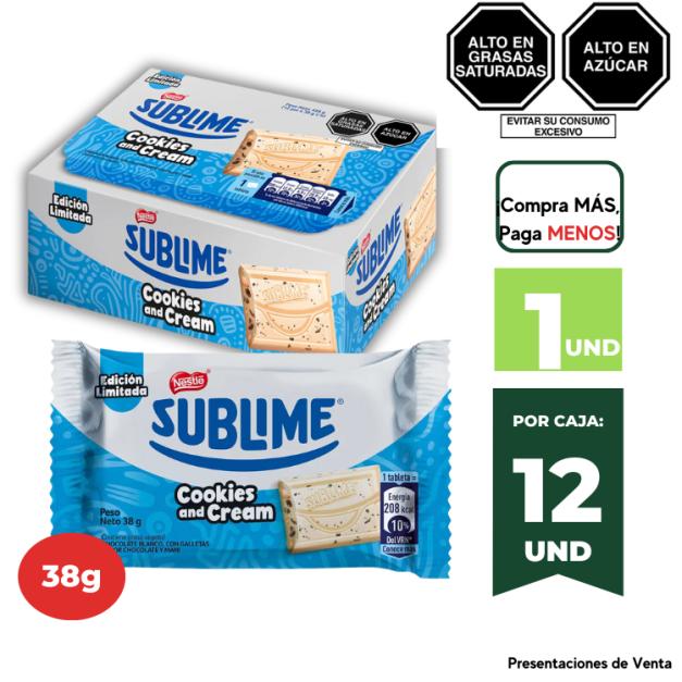 CHOCOLATE SUBLIME COOKIES AND CREAM CON GALLETA 38G.