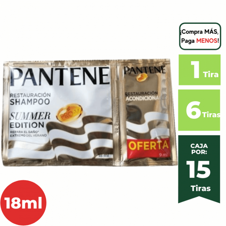 Shampoo + Acondicionador PANTENE Edición Verano Sachet 18ml. + 9ml. Tira x 12Un.
