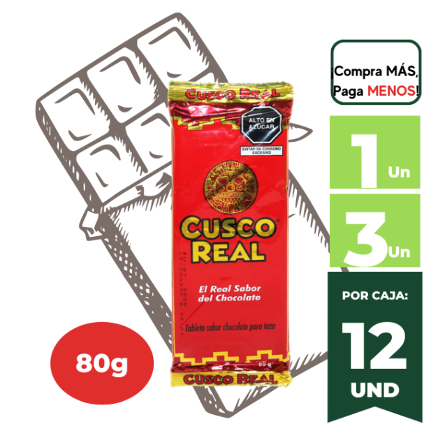 Tableta Sabor Chocolate para Taza CUSCO REAL Clásica Barra 80g.