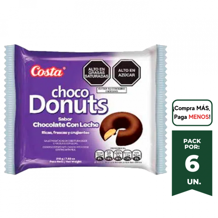Galleta Choco Donuts COSTA Sabor Chocolate con Leche Paquete 6 und.