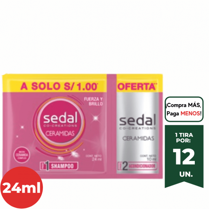 Shampoo + Acondicionador SEDAL Ceramidas Sachet 24ml. + 10ml. Tira x 12Un.