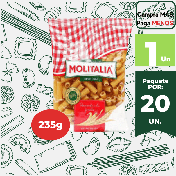 Fideos Rigatoni MOLITALIA Bolsa 235g.