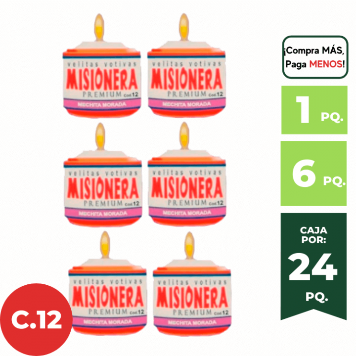 Velas Votivas Cod. 12 MISIONERAS Paquete 6 Un.