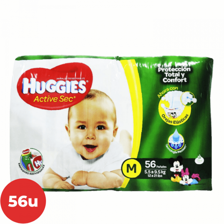 Pañales para Bebe HUGGIES Active Sec Talla M Paquete 56Un.