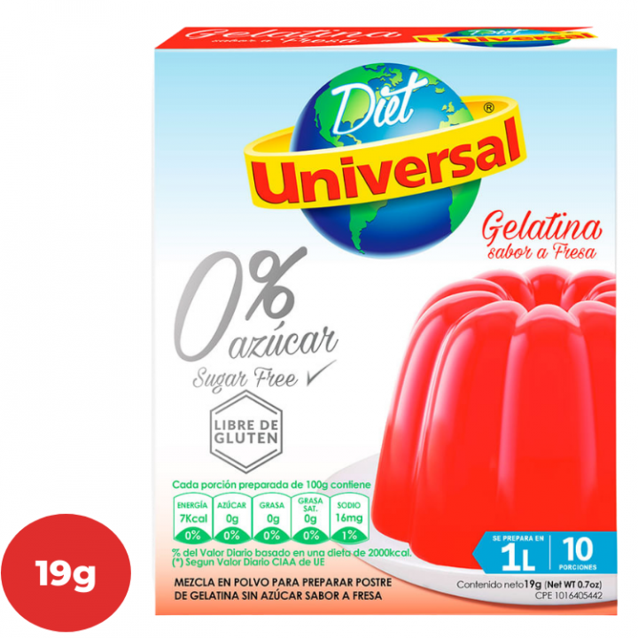 Gelatina UNIVERSAL Diet sabor Fresa Caja 19g.