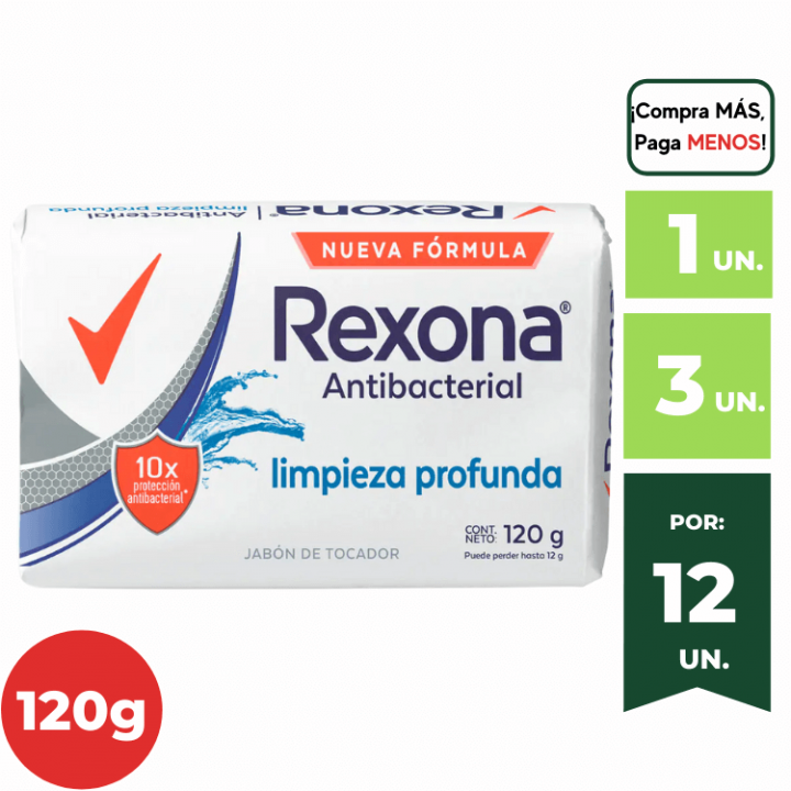 Jabón de Tocador Antibacterial REXONA Limpieza Profunda Barra 120g.