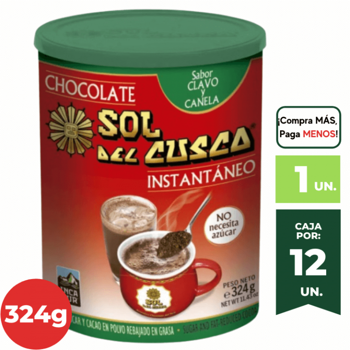 Chocolate Instantáneo SOL DE CUSCO Sabor Canela y Clavo Lata 324g.