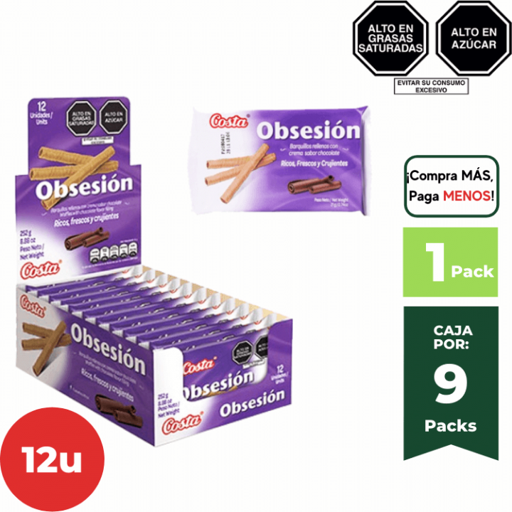 Barquillo Obsesión COSTA Sabor Chocolate Caja 12un.