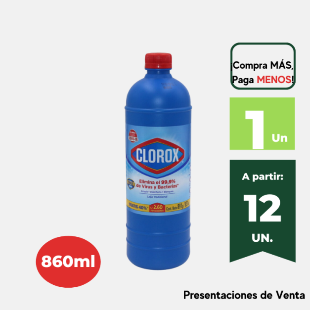 Lejía CLOROX Tradicional Botella 860ml.