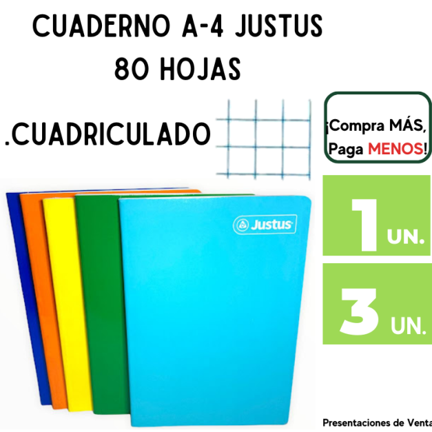 Cuaderno A-4 JUSTUS Cuadriculado X 80 Hojas.