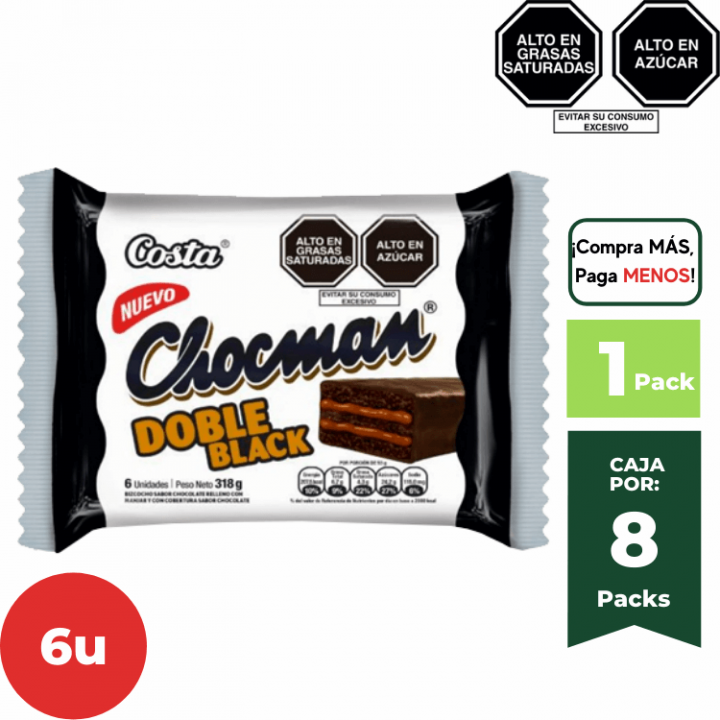 Bizcocho Chocman BLACK Doble Manjar COSTA Pack 6 und x 52g.