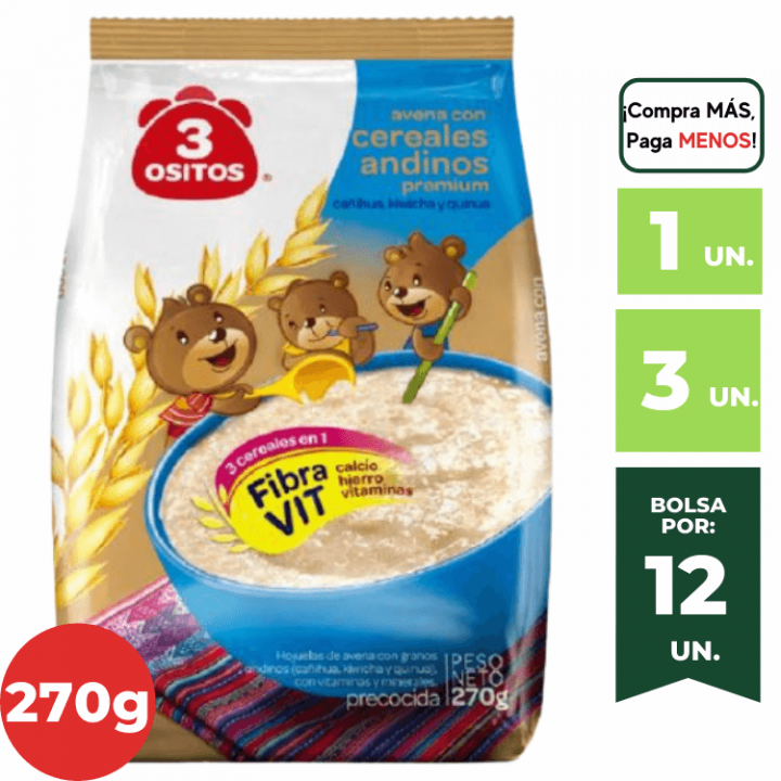 Avena con Cereales Andinos Premium 3 OSITOS Bolsa 270g.