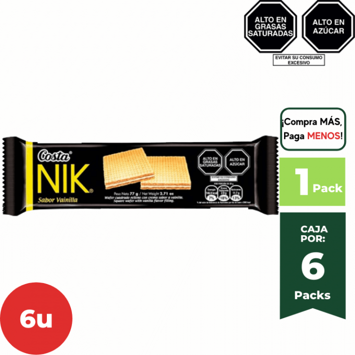 Wafer Nik COSTA Sabor Vainilla Bolsa 72g. Paquete 6 Un.