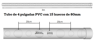 Tubo PVC  4 pulgadas de 3 metros con 15 huecos de 80mm y 14 de 53mm diámetro