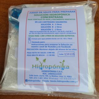 Juego Sales Solución Concentrada Hidropónica A-B-C para verduras de hoja, pepinos, pimientos, aji, berenjena rinde 1000L