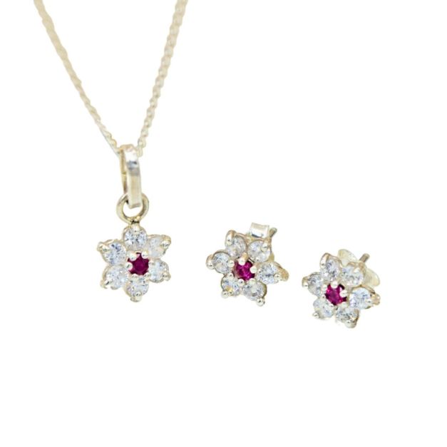 Juego Collar y Aretes de Plata Roseta Fucsia