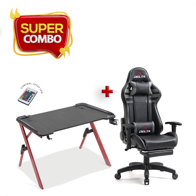 COMBO SILLA GAMER DELTA ZX GREY + MESA DELTA RED