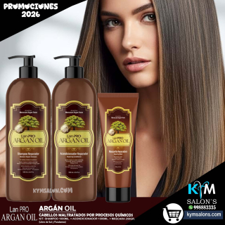 KIT SHAMPOO 1000ml. + CONDITIONER 1000ml. + MÁSCARA 250ml. LAN PRO ARGÁN OIL CodLanProBa