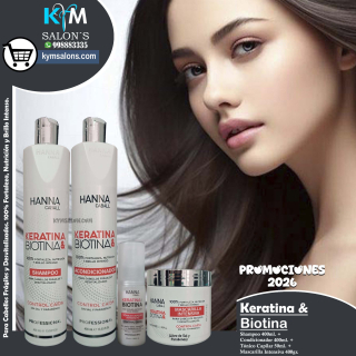 COMBO BIOTINA & KERATINA SHAMPOO 400ml. + CONDITIONER 400ml. + MÁSCARA 400gr. + LOCIÓN 50ml. Hanna Caball CodHannbio