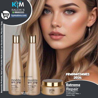 KIT EXTREME REPAIR SHAMPOO 300ml. + CONDITIONER 300ml. + MÁSCARA 285gr. MODDA CodRepEX
