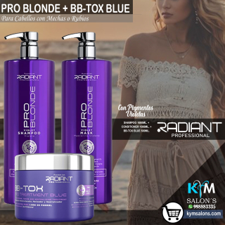 KIT SHAMPOO 1000ml. + CONDITIONER 1000ml. + BB-TOX BLUE 500gr. Matizador Radiant Pro Blonde Violet CodRadProBlo