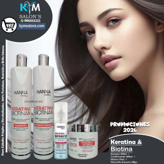 COMBO BIOTINA & KERATINA SHAMPOO 400ml. + CONDITIONER 400ml. + MÁSCARA 400gr. + BIFÁSICO 95ml. Hanna Caball CodHannbio