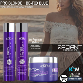 KIT SHAMPOO 300ml. + CONDITIONER 300ml. + BB-TOX BLUE 500gr. Matizador Radiant Pro Blonde Violet CodRadProBlo