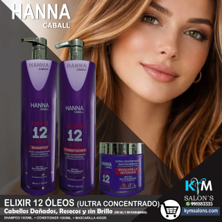 Kit Shampoo 1000ml. + Conditioner 1000ml. + Máscara 400gr. Elixir 12 Óleos Hanna Caball CodHann12