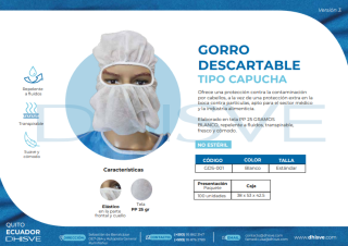 GORRO DESECHABLE TIPO CAPUCHA PAQ X 100 UDS