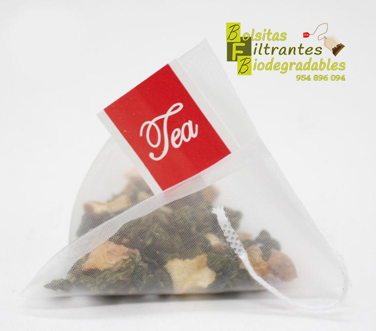 Bolsita filtrante pirámide de nylon con etiqueta "Tea"
