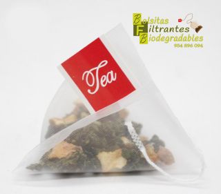 Bolsita filtrante pirámide de nylon con etiqueta "Tea"