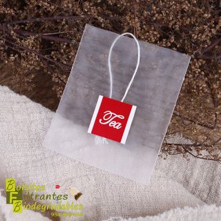 Bolsita filtrante de nylon con etiqueta "Tea"