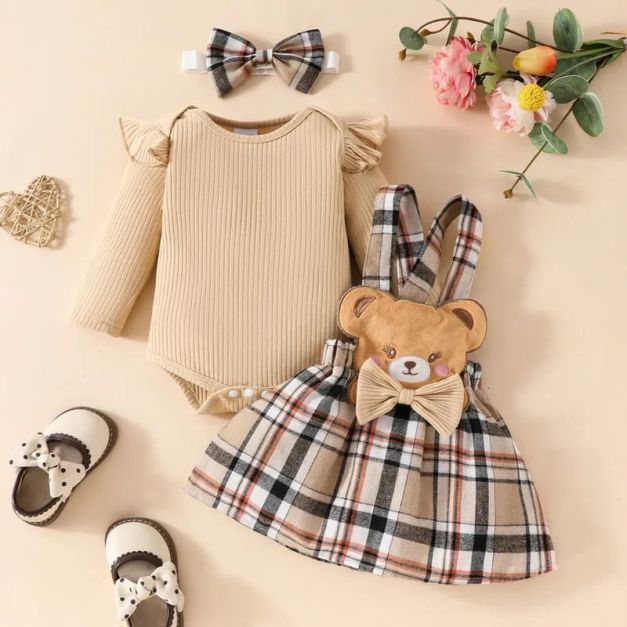VESTIDO JAMPER SCOSES  BODY VINCHA  CUADROS  BEIGE  OSITO  CODIGO 100480