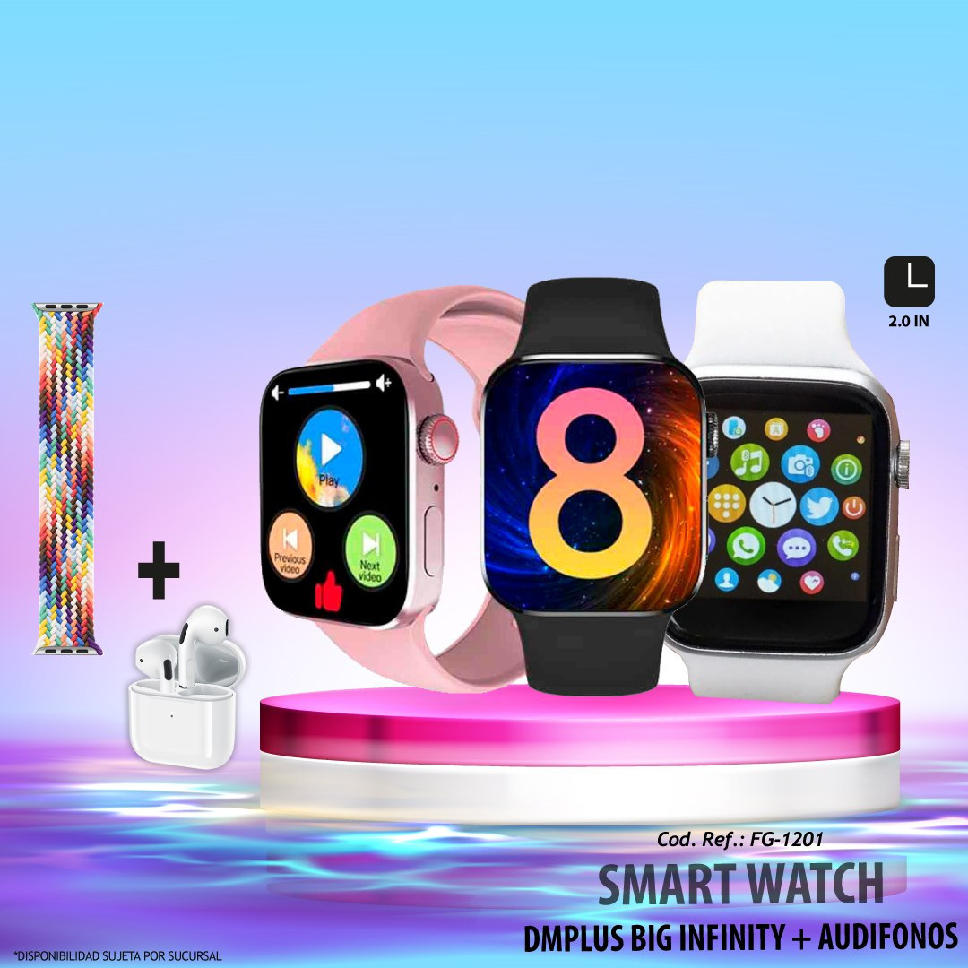 Smart Watch DM Plus Big Infinity 2.0 + Audífonos Bluetooth